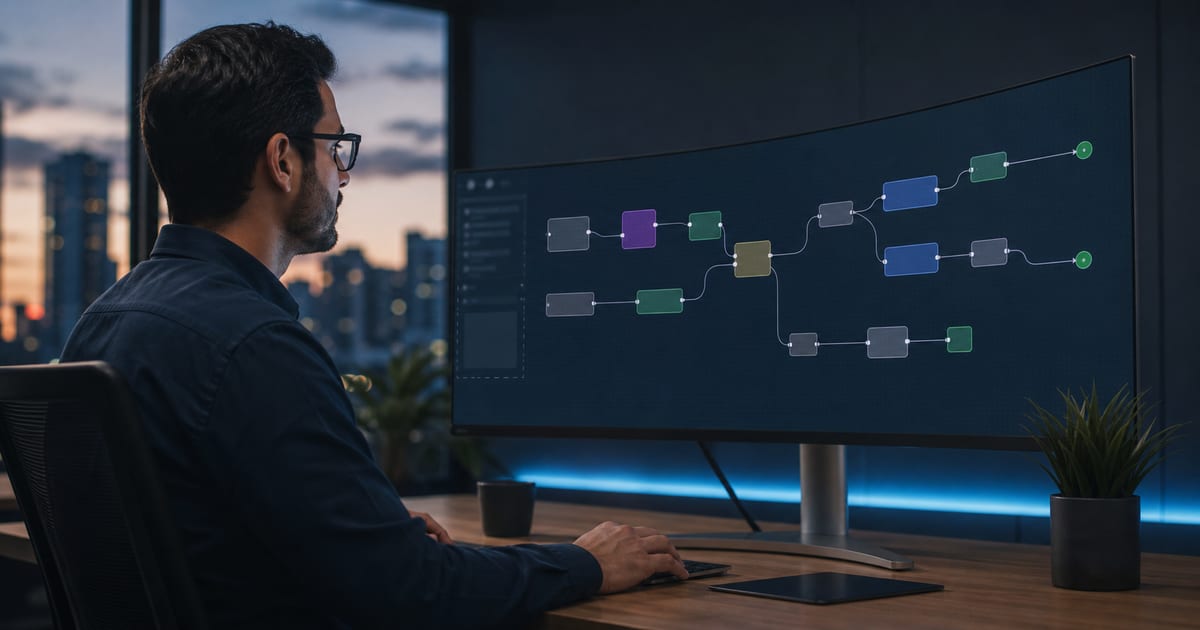 Especialista configurando fluxo de automação de chatbot WhatsApp Business para empresas em escritório no Setor Marista.