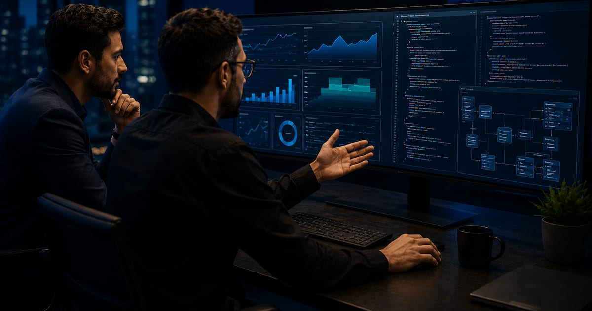 Empresário e desenvolvedor analisando métricas de site profissional em escritório em Goiânia